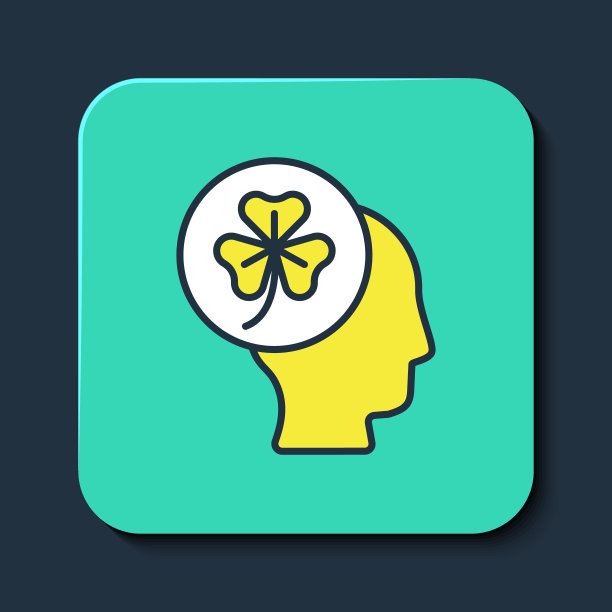 填充轮廓人头与三叶草三叶草图标隔离在蓝色背景。圣帕特里克节快乐。爱尔兰国家假日。绿松石方形纽扣。向量图片下载