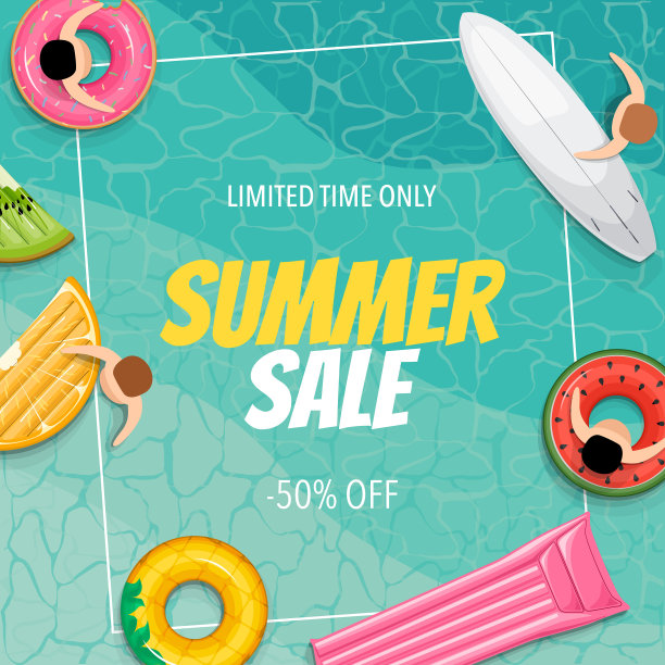 夏季促销的横幅上有游泳池和五颜六色的花车图片下载