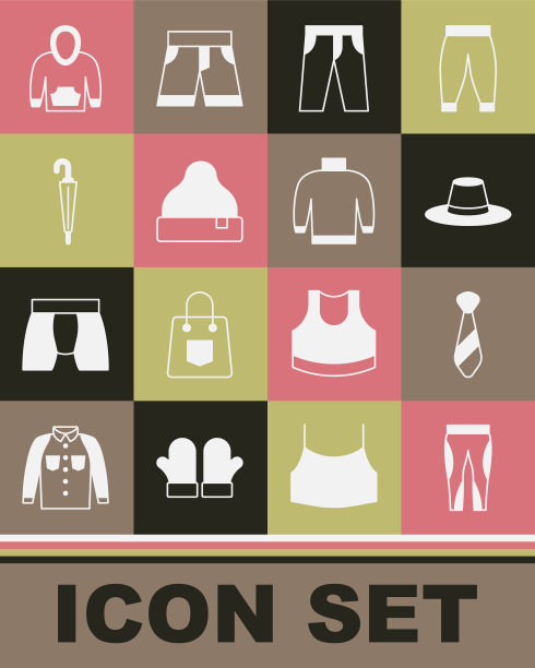 集打底裤，领带，男子帽，裤子，无边帽，雨伞，连帽衫和毛衣图标。向量图片下载