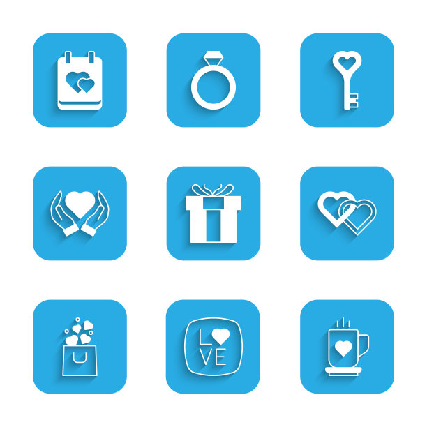 集礼品盒，爱的文字，咖啡杯和心脏，两个相连的心，购物袋，手，关键形状和日历图标。向量图片下载