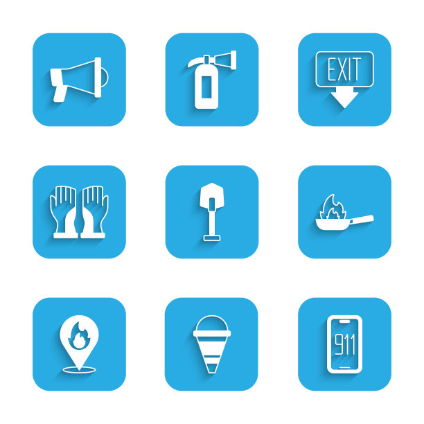 设置消防铲，锥形桶，移动紧急呼叫911，有火的锅，位置火焰，消防员手套，出口和扩音器图标。向量图片下载