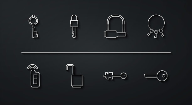 设置线旧钥匙，汽车与远程，一串钥匙，打开挂锁，锁定，钥匙和自行车图标。向量图片下载