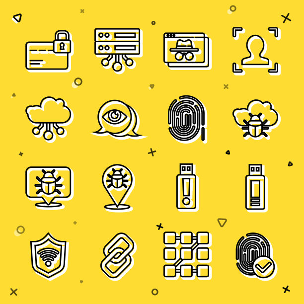 指纹、USB 闪存盘、云端系统错误、浏览器隐身窗口、眼睛扫描、物联网、带锁的信用卡和图标矢量图图片下载