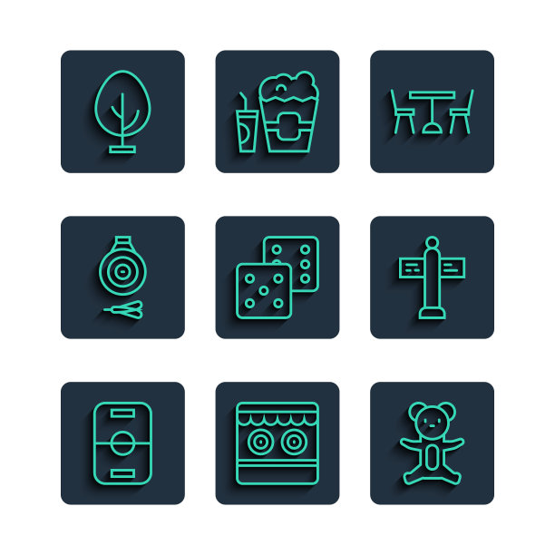 设线曲棍球桌，射击馆，泰迪熊毛绒玩具，野餐与椅子，游戏骰子，经典飞镖板和箭头，树和道路交通标志图标。向量图片下载