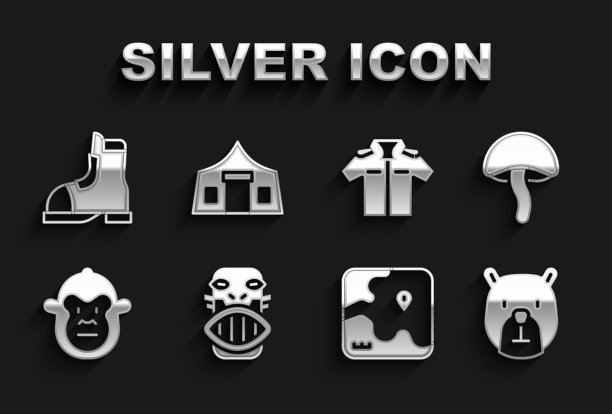 集墨西哥玛雅或阿兹特克面具，蘑菇，熊头，非洲狩猎地图，猴子，衬衫，猎人靴子和旅游帐篷图标。向量图片下载