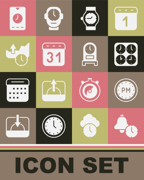 设置闹钟，白天时间，时区时钟，手表，日历，股票市场增长图表，移动应用程序和古董图标。向量图片下载