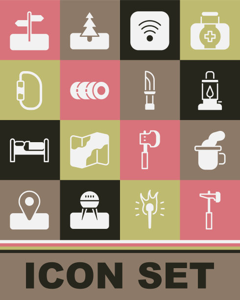 套装锤子，一杯茶，露营灯，Wi-Fi无线网络，毯子卷，锁扣，道路交通标志和刀图标。向量图片下载