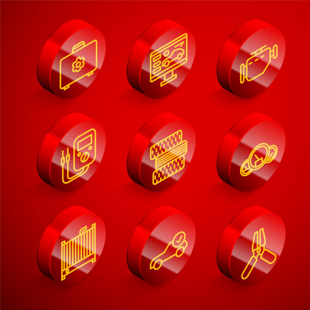 设置线工具箱，汽车诊断状态，检查发动机，万用表，汽车轮胎，速度计，散热器冷却系统和汽车服务检查汽车图标。向量图片下载