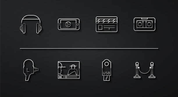 设置耳机、复古电影摄影机、VHS 录像带、USB 闪存盘、在线播放、绳索障碍和电影拍板图标。矢量图形图片下载