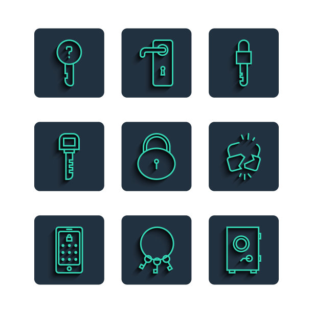 设置线移动和图形密码，一堆钥匙，安全，锁定，关键，未定义和破碎的破解锁图标。向量图片下载