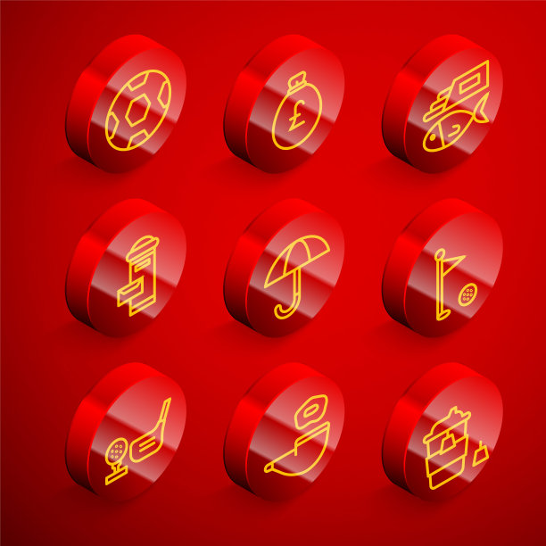 设线足球，钱袋与磅，鱼和薯条，伦敦邮箱，雨伞，高尔夫旗帜，俱乐部tee和吸烟管图标。向量图片下载