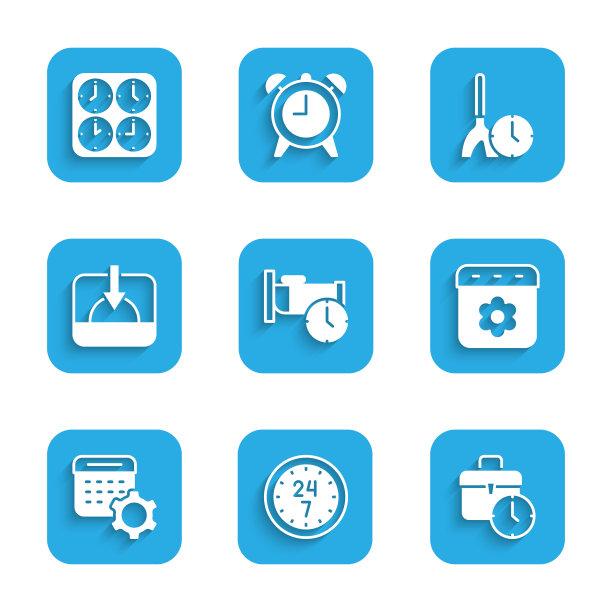 设置睡眠时间，时钟24小时，工作时间，日历春季，设置，日落，清洁和区域时钟图标。向量图片下载