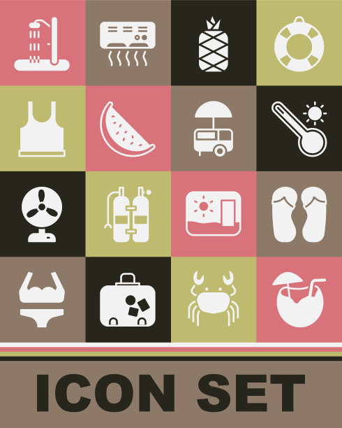 集椰子鸡尾酒，人字拖，气象温度计，菠萝，西瓜，无袖t恤，海滩淋浴和快速街头食品推车图标。向量图片下载