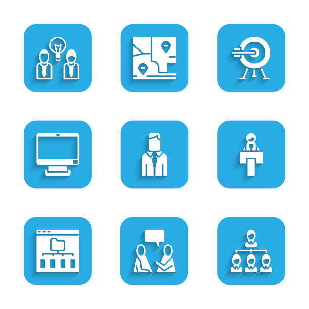 设置工人，两个坐着的人说话，层次结构图，舞台站论坛，浏览器文件，电脑显示器，目标与箭头和人灯泡图标。向量图片下载