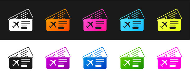 设置机票图标孤立的黑色和白色的背景。飞机票。向量图片下载