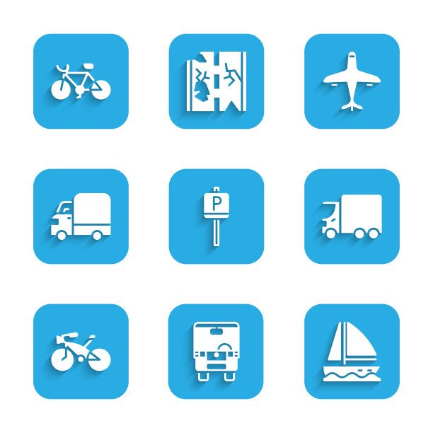 集停车场，公共汽车，游艇帆船，货运卡车，自行车，飞机和图标。向量图片下载