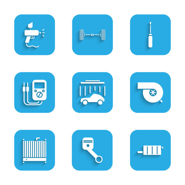 集洗车，发动机活塞，消声器，汽车涡轮增压器，散热器冷却系统，万用表，螺丝刀和油漆喷枪图标。向量图片下载