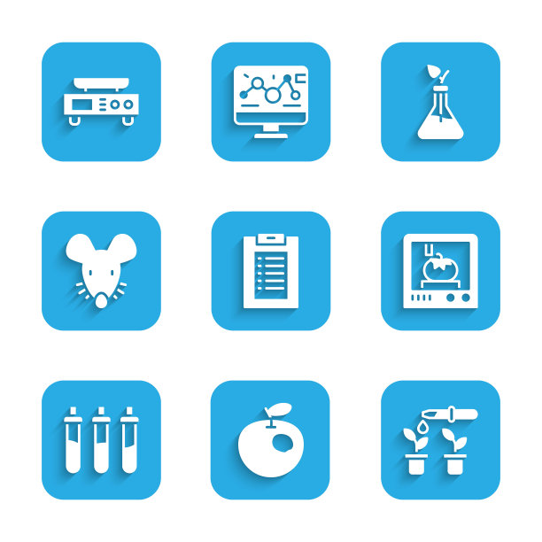设置临床记录，转基因苹果，移液管和植物，3D打印技术，试剂瓶，实验小鼠，植物育种和电子秤图标。向量图片下载