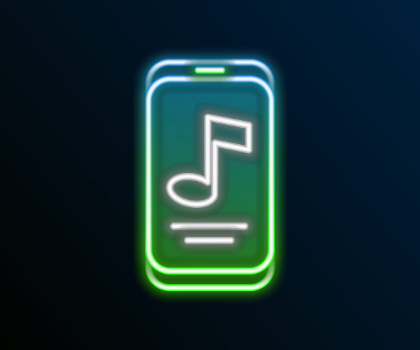 发光的霓虹线音乐播放器图标孤立的黑色背景。便携式音乐设备。色彩缤纷的轮廓概念。向量图片下载