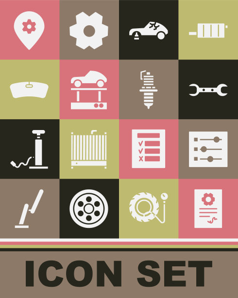 设置汽车服务检查汽车，汽车设置，扳手扳手，破碎的汽车，维修电梯，挡风玻璃，位置与火花塞图标。向量图片下载