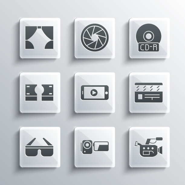 集电影摄像机，电影拍板，在线播放视频，3D电影眼镜，堆栈纸币现金，窗帘和CD或DVD磁盘图标。向量图片下载