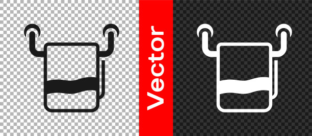 黑色毛巾上的衣架图标隔离在透明的背景。浴室毛巾图标。向量图片下载