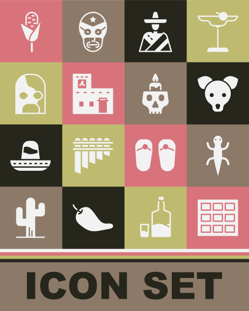 集巧克力棒，蜥蜴，狗，墨西哥人宽边帽，房子，摔跤手，玉米和燃烧的蜡烛在头骨图标。向量图片下载