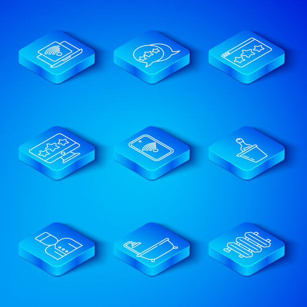 礼宾服务，带wi-fi无线的手机，浴缸淋浴，冰桶香槟，五星级评级评论，无线笔记本电脑和暖气散热器图标。向量图片下载