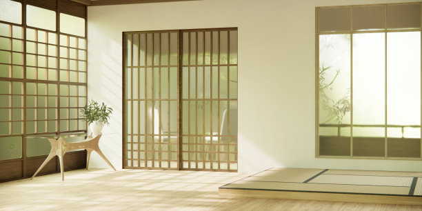 日本房间设计室内与门纸和墙壁榻榻米地板房间日本风格。图片下载