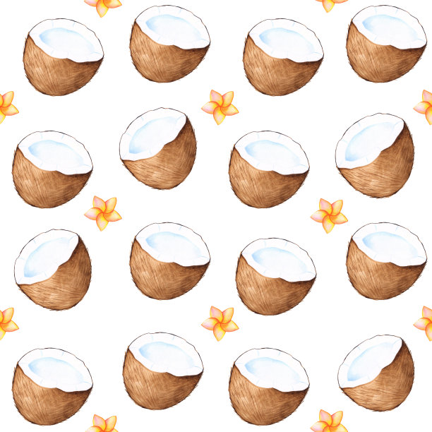 热带无缝图案与椰子和热带花卉在白色背景。手绘水彩插图。图片下载