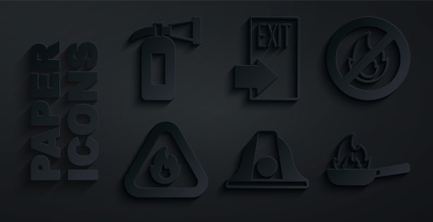 设置消防员头盔，无火，三角形火焰，有锅，出口和灭火器图标。向量图片下载