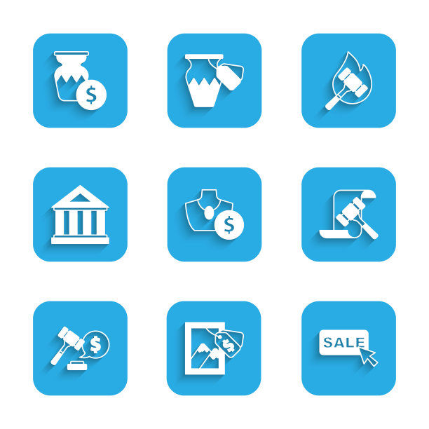 集拍卖珠宝销售，绘画，价格标签与销售，锤子，价格，博物馆建筑，和古代花瓶图标。向量图片下载