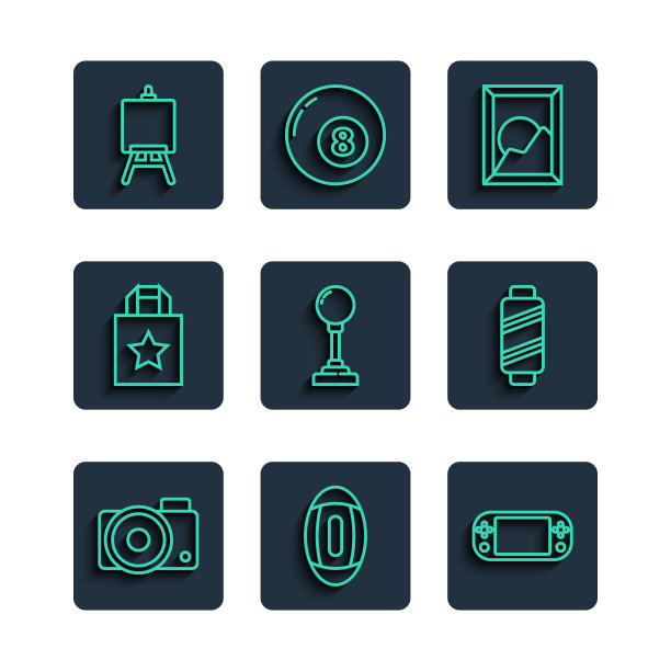 集线相机，便携式视频游戏机，图片景观，街机操纵杆，纸购物袋，画架艺术板和缝纫线线轴图标。向量图片下载