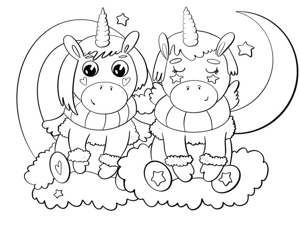 轮廓线插图卡通幼稚人物独角兽在云可爱的设计元素为封面印刷明信片和贴纸着色书图片下载