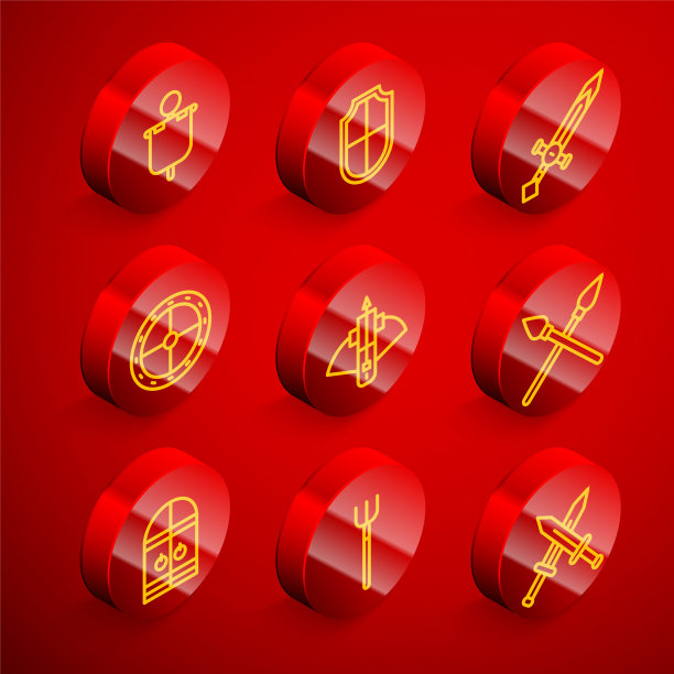 设置线中世纪的旗帜，盾牌，剑，圆形木盾，带箭的战斗弩，交叉的中世纪长矛，城堡大门和花园干草叉图标。向量图片下载