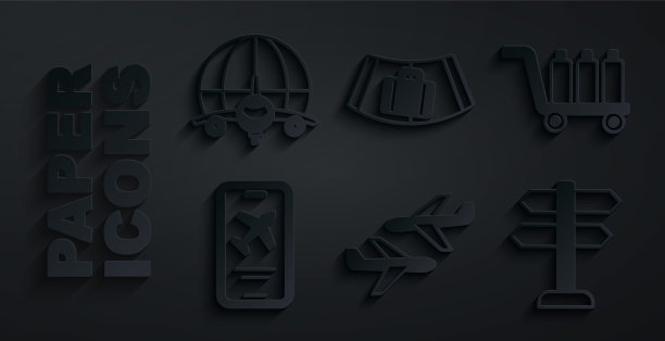 集飞机，手推车行李，带票移动，道路交通标志，传送带行李箱和全球飞行飞机图标。向量图片下载