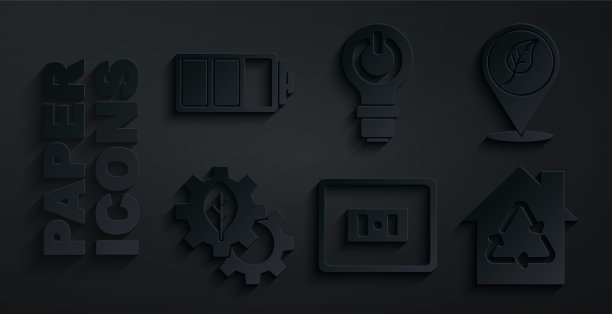 设置电源插座，位置与叶片，叶片植物在齿轮机，生态屋回收，灯泡闪电和电池图标。向量图片下载