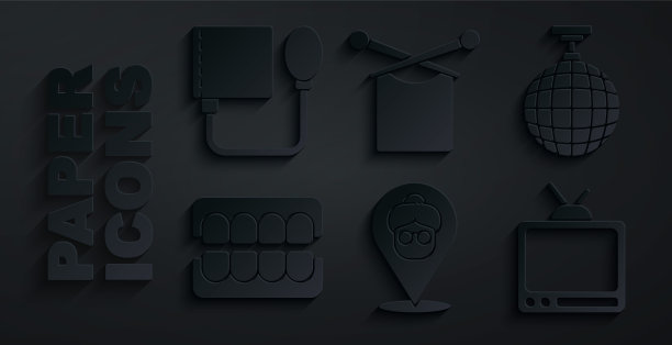 集养老院，迪斯科球，假下巴，复古电视，针织和血压图标。向量图片下载