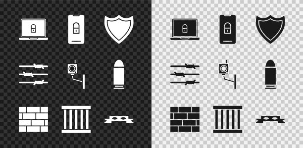 设置笔记本电脑和锁，手机与封闭挂锁，盾牌，砖，监狱窗口，小偷眼罩，铁丝网和安全摄像头图标。向量图片下载