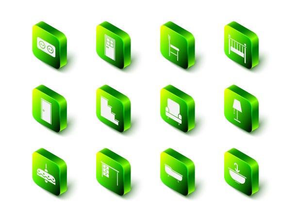 设置关闭的门，椅子，婴儿床摇篮床，台灯，带水龙头的脸盆，扶手椅，浴缸和办公桌图标。向量图片下载