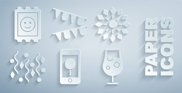 设置移动与生日信息，烟花，节日五彩纸屑，鸡尾酒和酒精饮料，嘉年华花环旗帜和LSD酸标志图标。向量图片下载