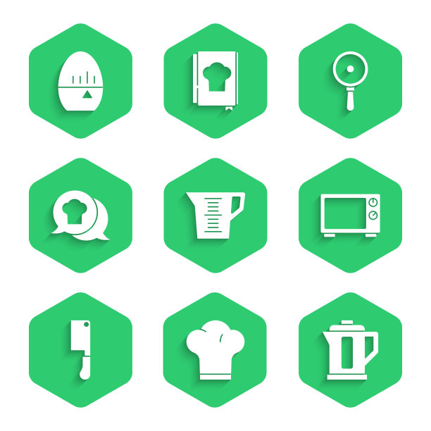 集量杯，厨师帽，电水壶，微波炉，肉斩，语音泡沫，煎锅和厨房定时器图标。向量图片下载