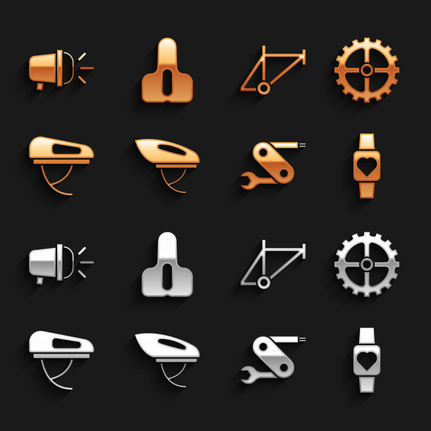 集自行车头盔，链轮曲柄，智能手表，瑞士军刀，框架，头灯和座位图标。向量图片下载