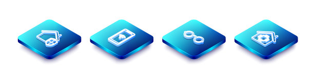 设置等距线保护下的房子，移动wi-fi无线，眼镜和智能家居图标。向量图片下载