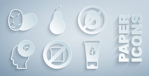 集无麸质谷物，无肉，人的头里面有叶子，有机化妆品，梨和土豆图标。向量图片下载