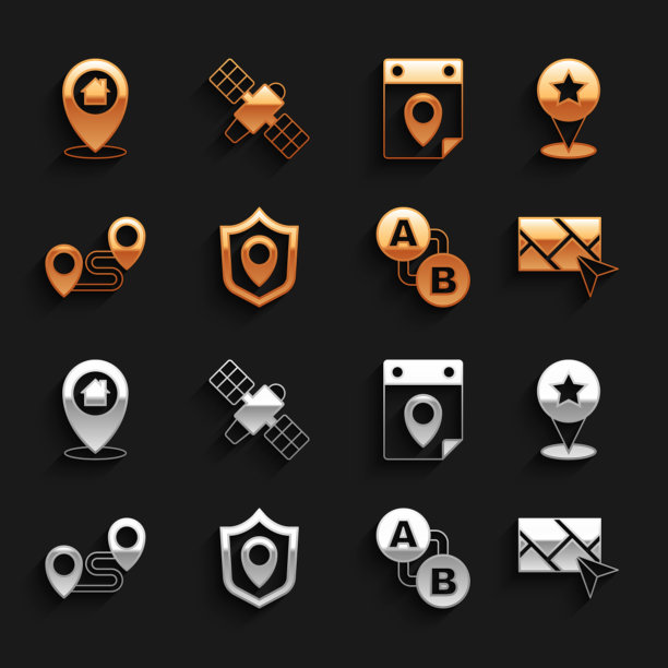 设置位置屏蔽，星形地图指针，城市地图导航，路线定位，旅行计划日历，房屋和卫星图标。向量图片下载