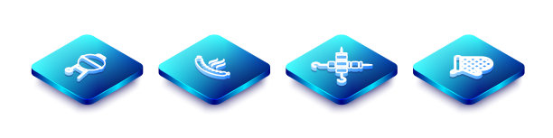 设定等距线烧烤架，香肠，烤羊肉串和烤箱手套图标。向量图片下载