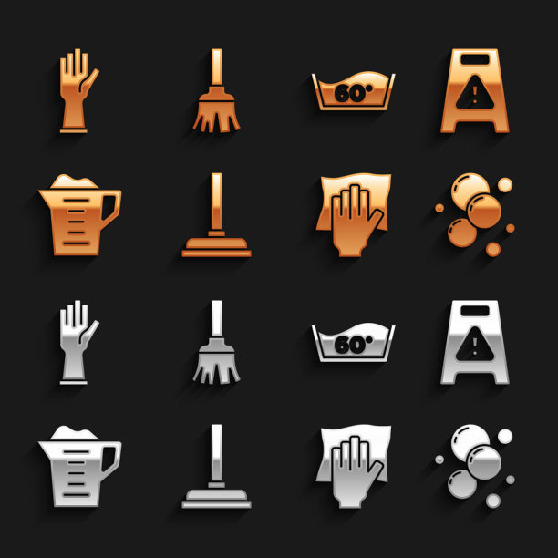 集橡胶柱塞，湿地板，肥皂水气泡，清洁服务，洗衣粉，温度清洗，手套和羽毛扫把图标。向量图片下载