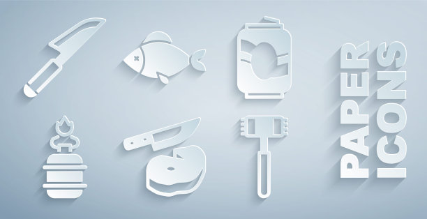 集牛排肉和刀，汽水罐，露营煤气炉，厨房锤子，鱼和刀的图标。向量图片下载