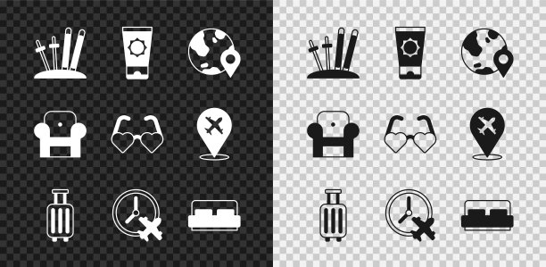 设置滑雪和棍棒，防晒乳在管，地球上的位置，行李箱，时钟与飞机，酒店房间的床，扶手椅和心形的爱情眼镜图标。向量图片下载